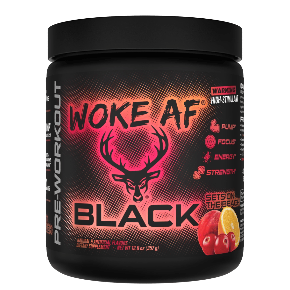 Bucked Up WOKE AF Black Pre-Workout Sets on the Beach — Boldly Free American high stimulant pre-workout tub