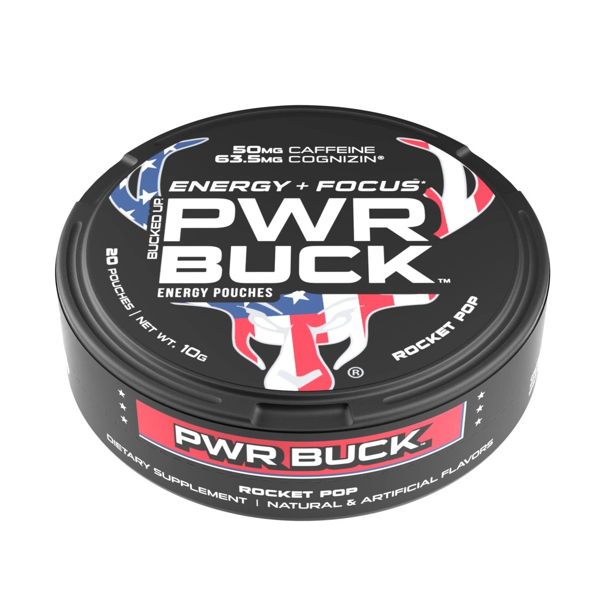 PWR Buck Energy Pouches Rocket Pop — Boldly Free American nicotine-free energy pouch can