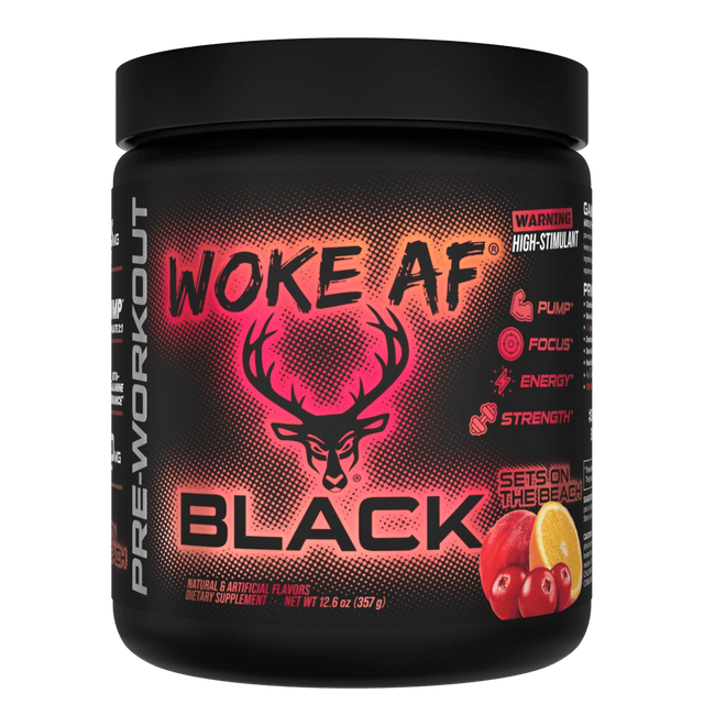Bucked Up WOKE AF Black Pre-Workout Sets on the Beach — Boldly Free American high stimulant pre-workout tub