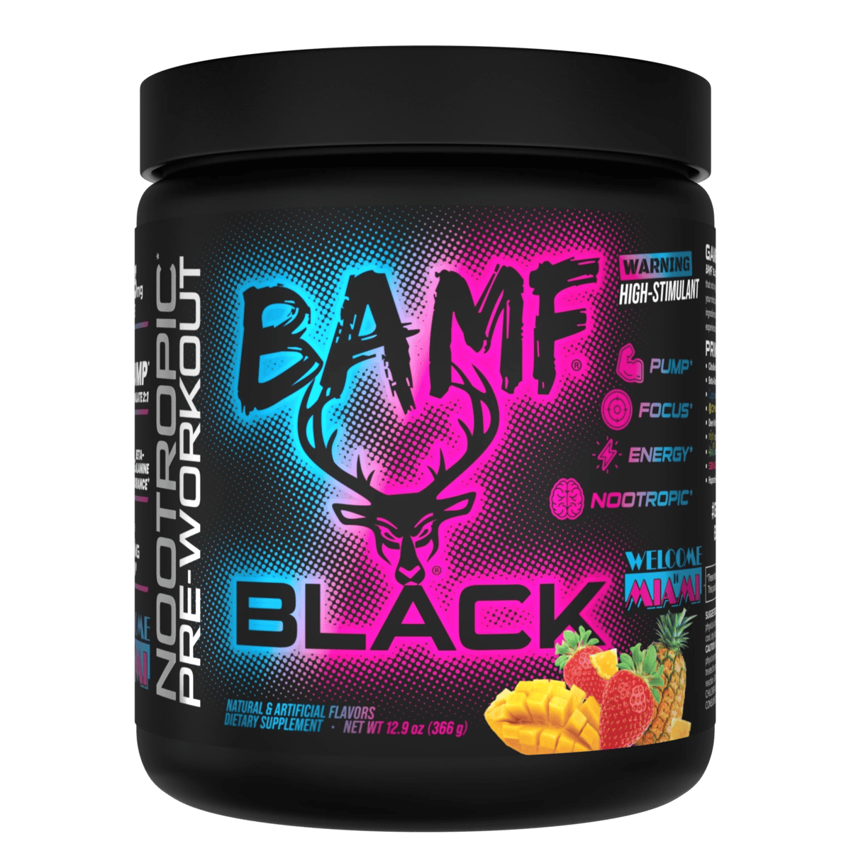 Bucked Up BAMF Black Pre-Workout Welcome to Miami — Boldly Free American high stimulant pre-workout tub