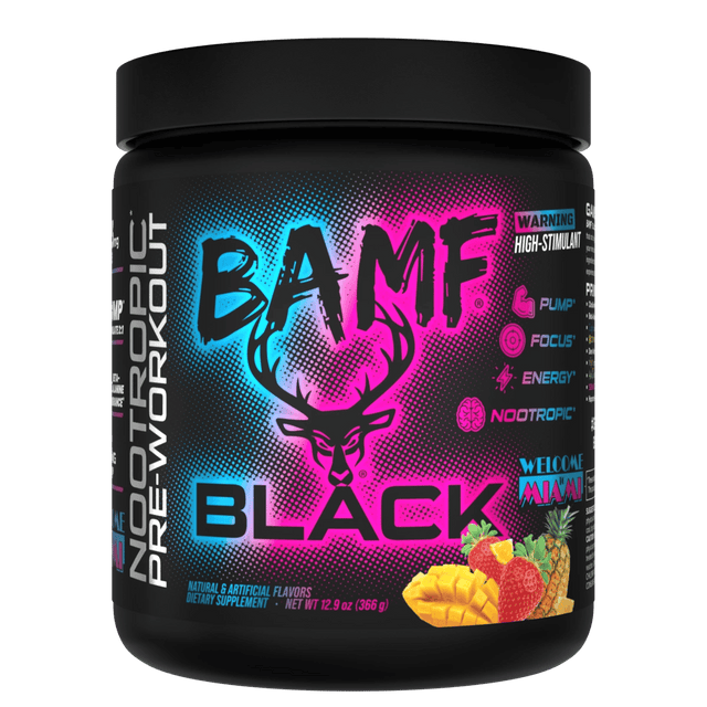 Bucked Up BAMF Black Pre-Workout Welcome to Miami — Boldly Free American high stimulant pre-workout tub