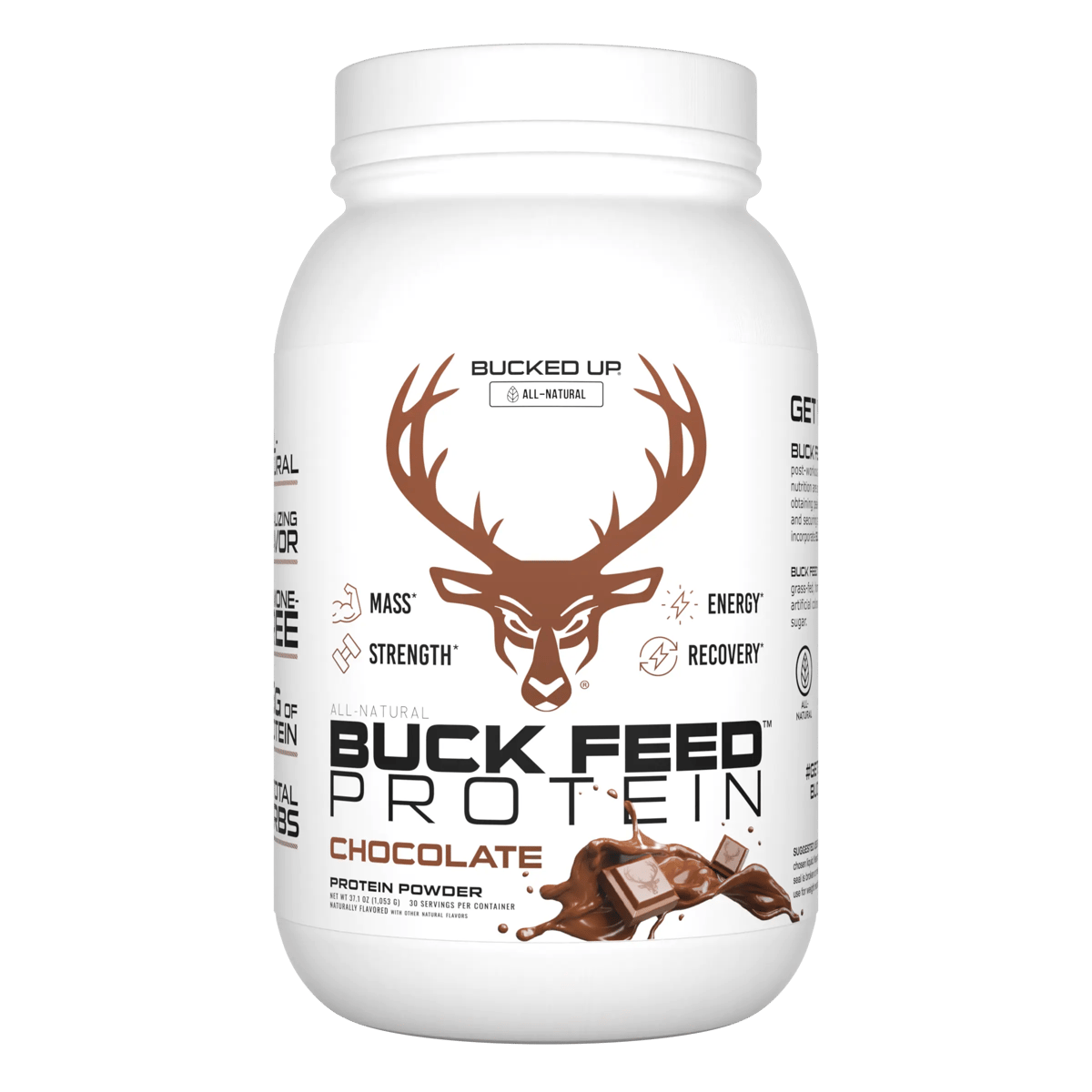 Buck Feed All Natural Protein Chocolate — Boldly Free American clean protein tub front label
