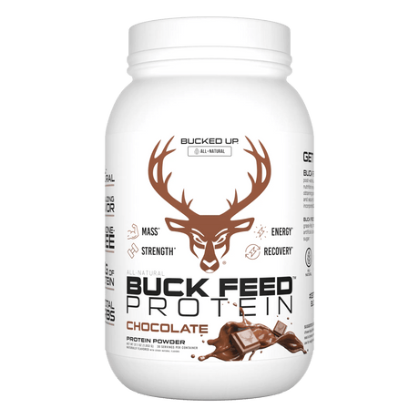 Buck Feed All Natural Protein Chocolate — Boldly Free American clean protein tub front label