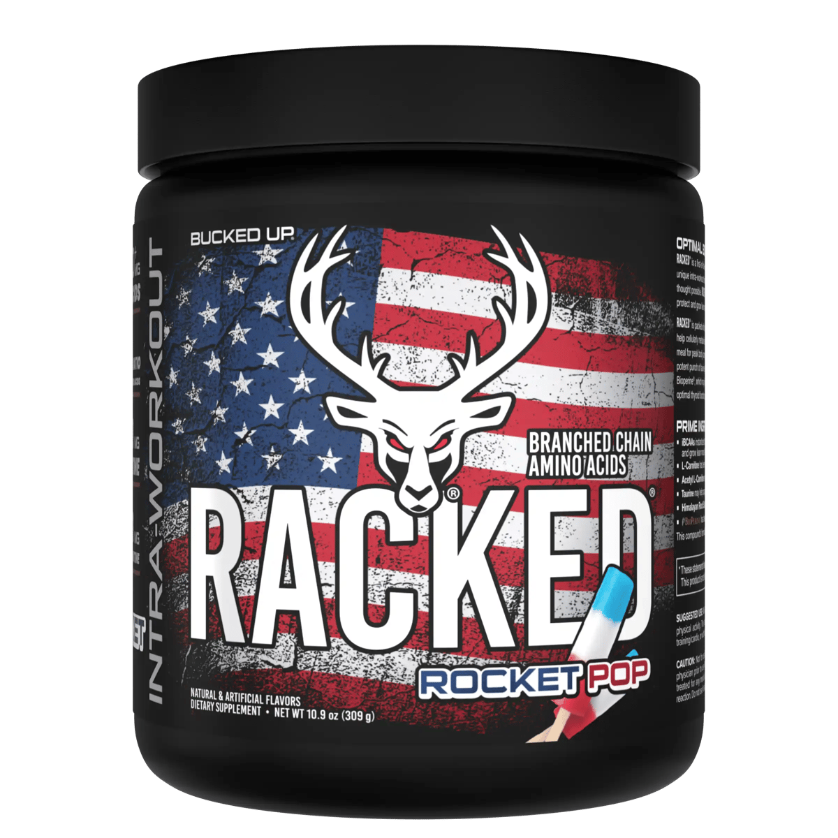 Racked BCAA Rocket Pop — Boldly Free American BCAA recovery tub front label